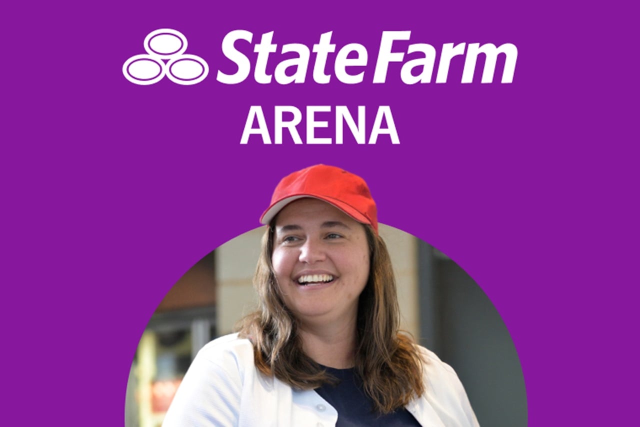 Image of State Farm Arena logo in background over smiling basketball fan in foreground