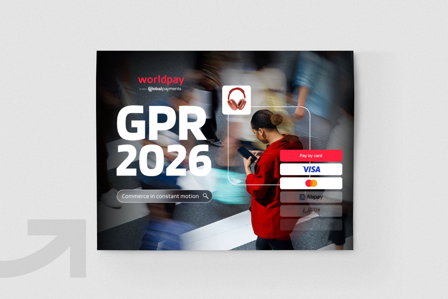 Image of cover of Global Payments Report 2026 showing person in blurry crowd of pedestrians using crosswalk