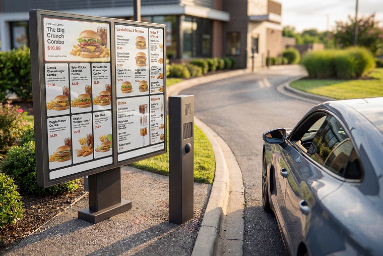 Customer in car beside digital menu board at quick-service restaurant drive thru