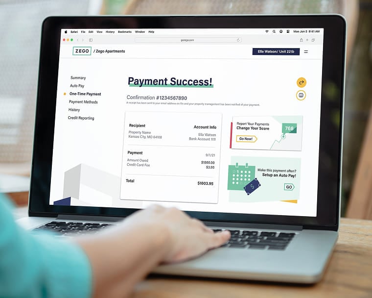 Resident successfully pays their rent for the month using Zego’s rent payment software