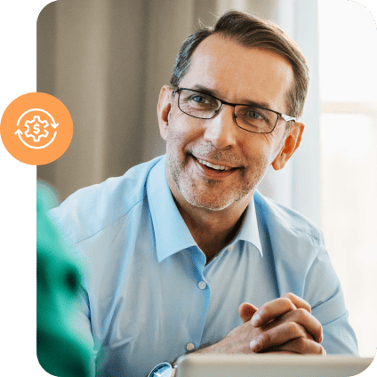 Smiling professional man wearing glasses with an orange dollar gear icon overlay.