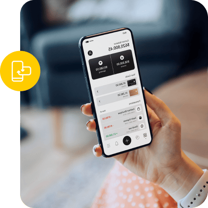 Hand holding a smartphone displaying a mobile banking app with a yellow icon graphic.