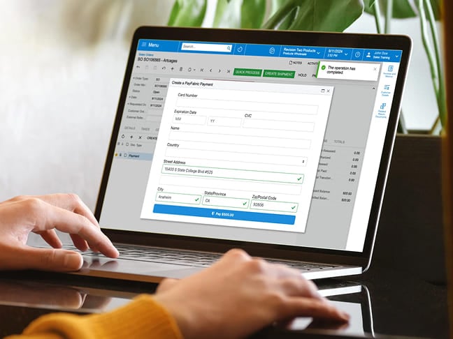 Person processing a payment on a laptop using PayFabric software.