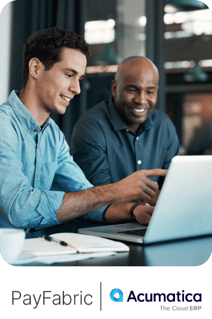 Two men reviewing laptop screen above PayFabric and Acumatica logos.