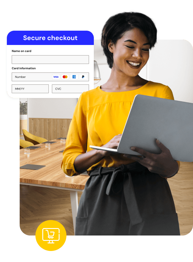 Woman using a laptop alongside a secure checkout payment form graphic.