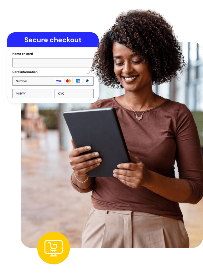 Woman holding a tablet beside a secure checkout payment form graphic.