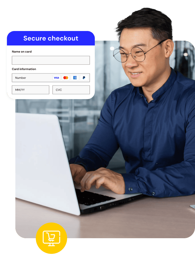 Man using a laptop beside a secure checkout payment form graphic.