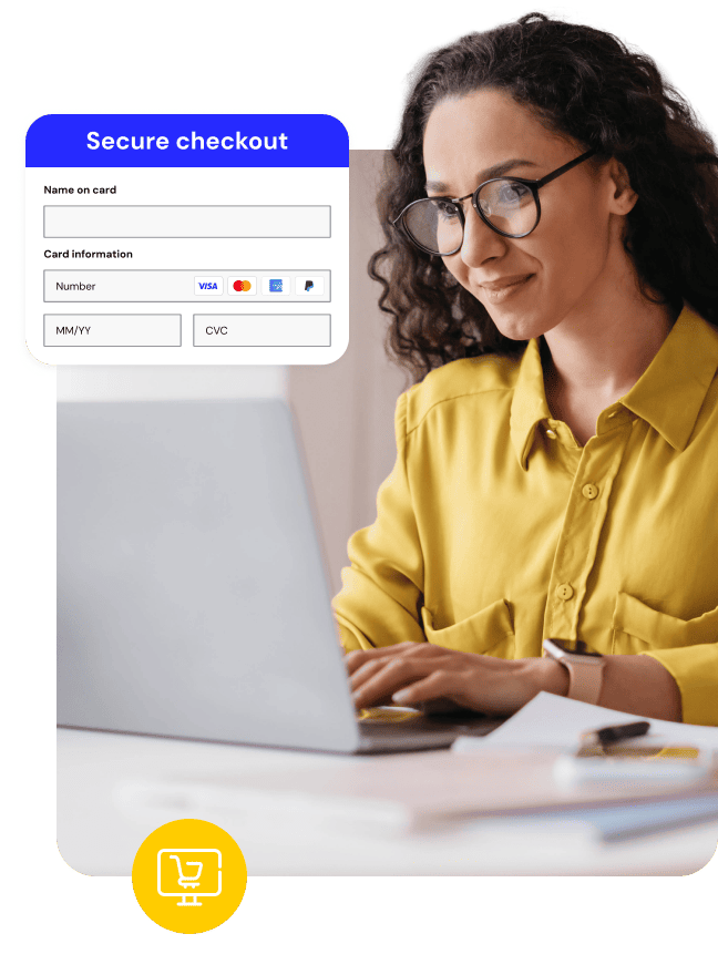 Woman in a yellow shirt using a laptop with a secure checkout UI overlay.