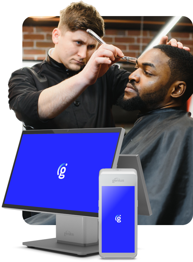 A barber trimming a customer’s hair with a POS terminal and mobile payment device displaying the Global Payments logo in the foreground.