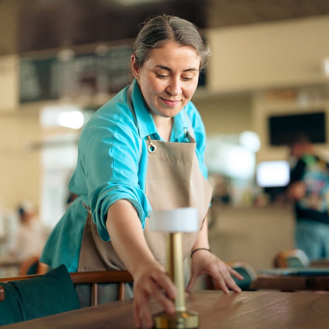 Un membre du personnel du restaurant dresse une table.