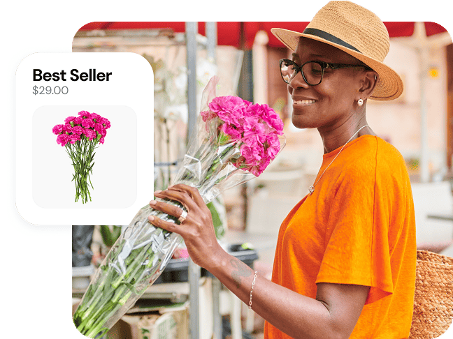 Smiling woman holding pink carnations next to a Best Seller product card.