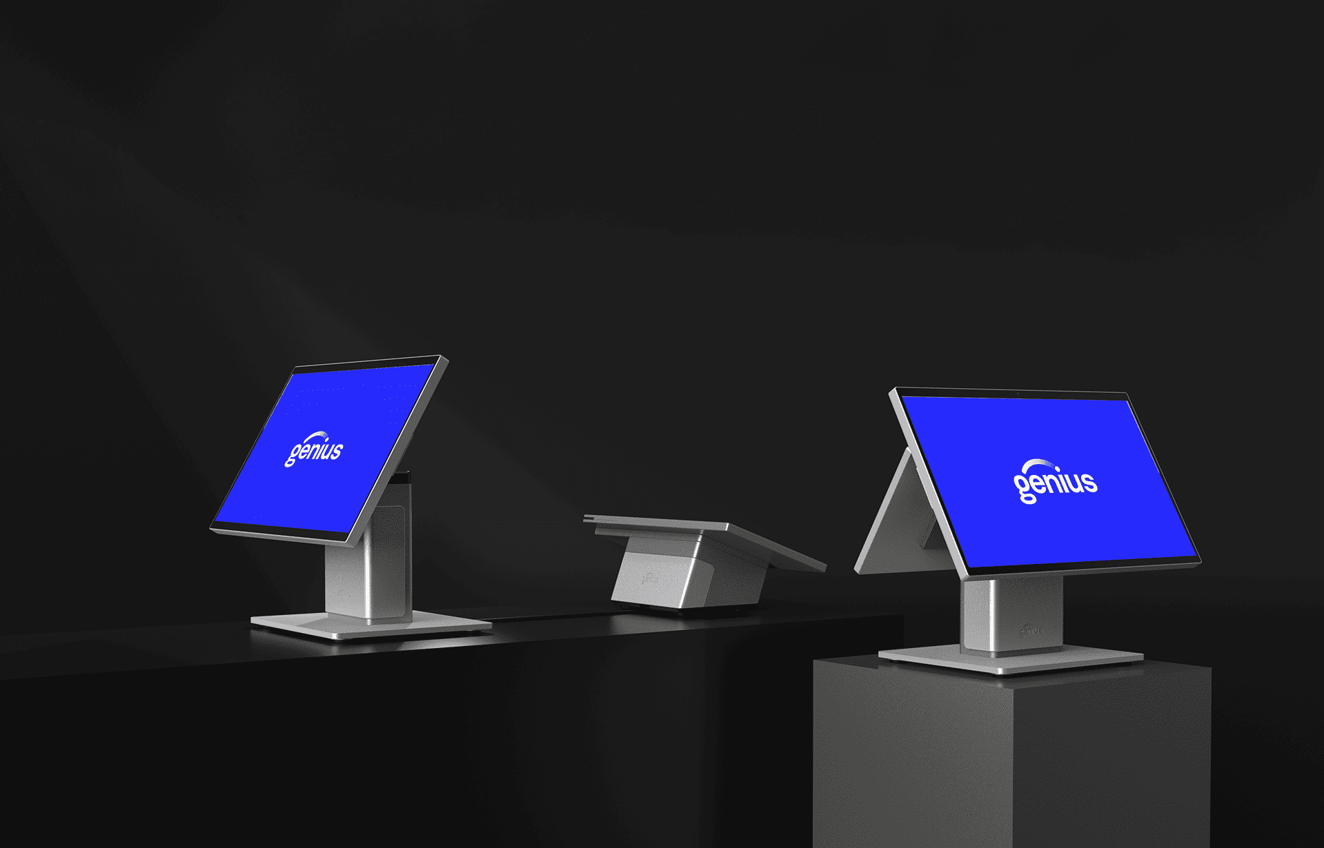 Three configurations of silver genius retail POS hardware systems set against a dark background.
