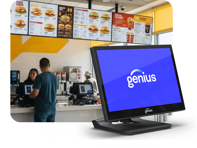 A man stands at a restaurant counter as a woman stands behind the counter taking his order, while a digital menu board hangs above them and an overlaid inset of a countertop ordering device sits in the corner of the photo.