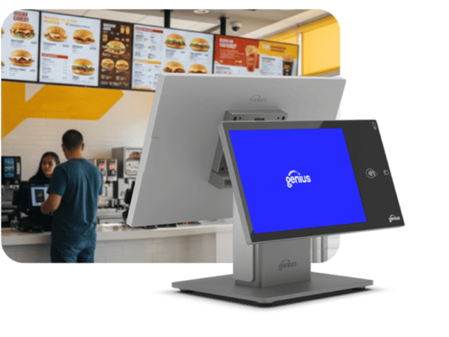 A man stands at a restaurant counter as a woman stands behind the counter taking his order, while a digital menu board hangs above them and an overlaid inset of a countertop ordering device sits in the corner of the photo.