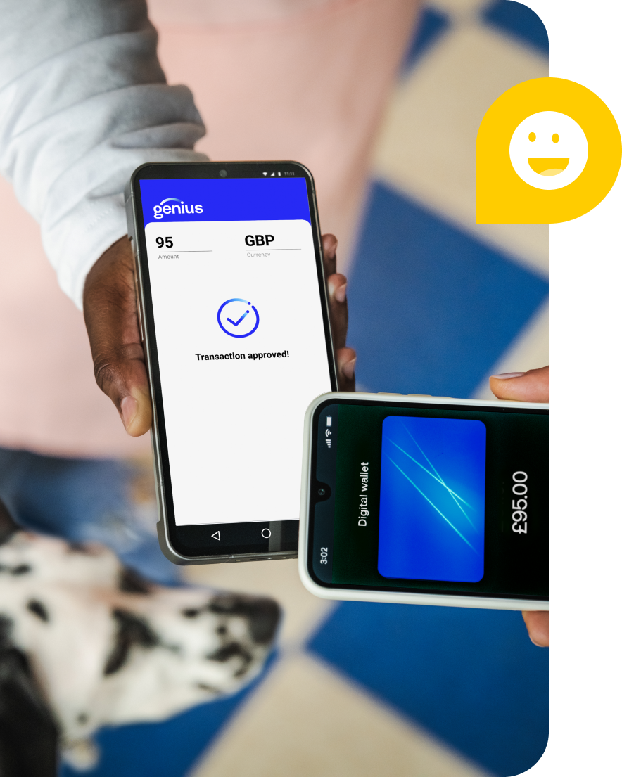 A person taps a smartphone to make a payment on a handheld payment device, which shows a completed transaction
