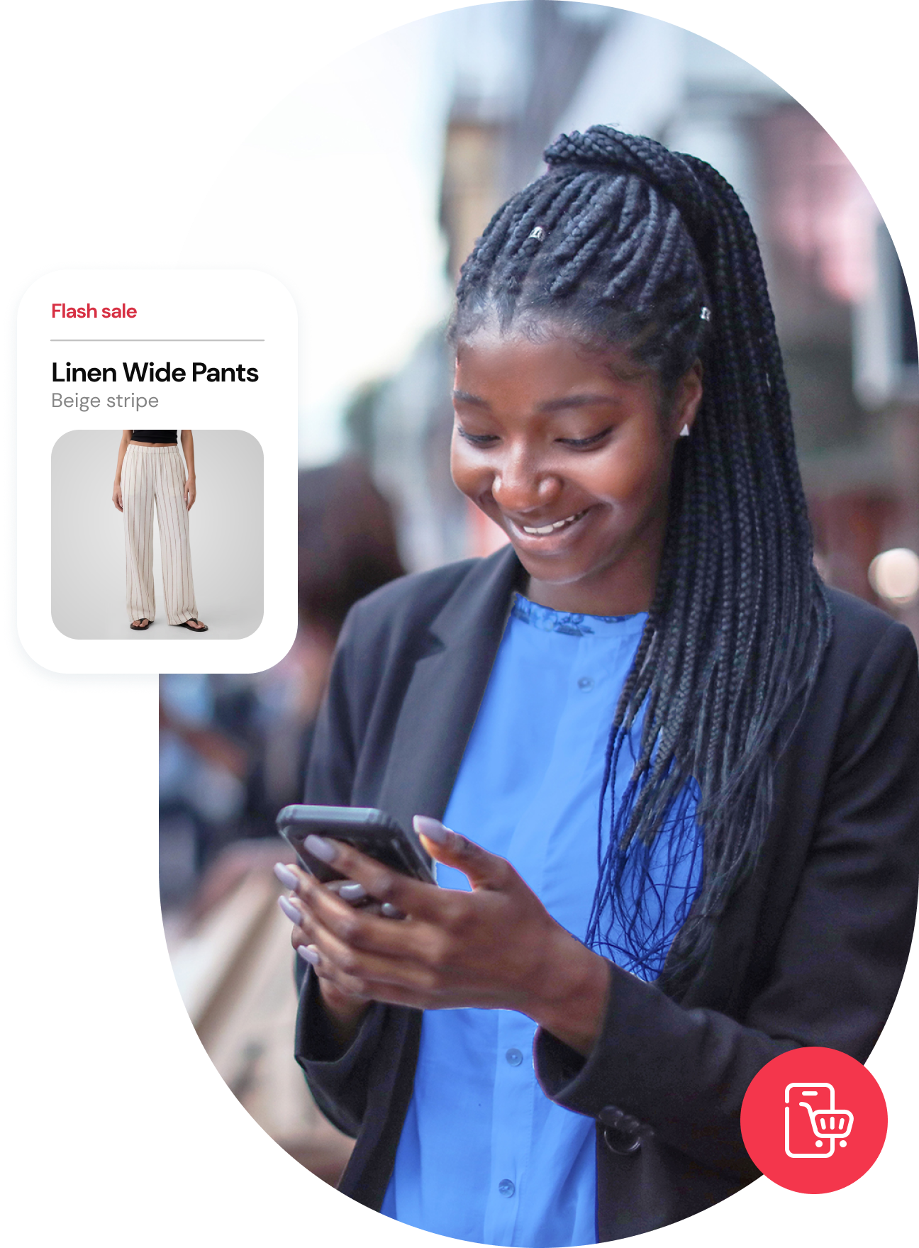 A smiling customer shops on a mobile phone. To the side, a photo of pants reads “Flash sale. Linen wide pants. Beige stripe.”
