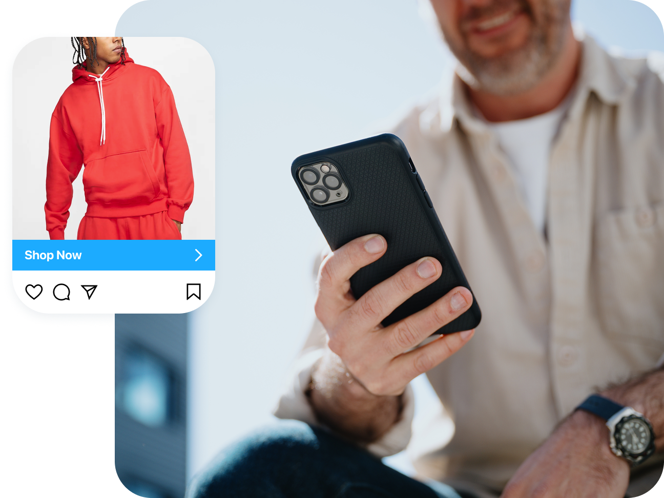 A customer shops on a mobile phone. To the side, a photo of a model wearing a sweatshirt reads “shop now.”