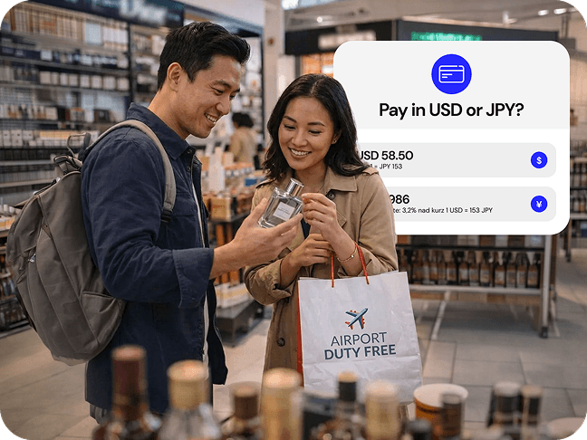 Young couple in an airport duty-free store looking at perfume bottle