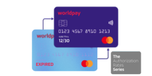 Three illustrated credit cards interacting