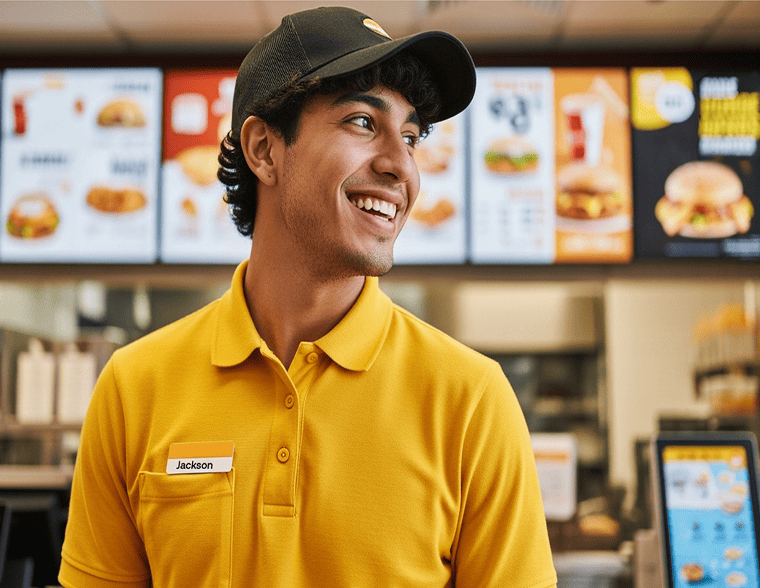 Young man with name tag smiling and working in quick service restaurant