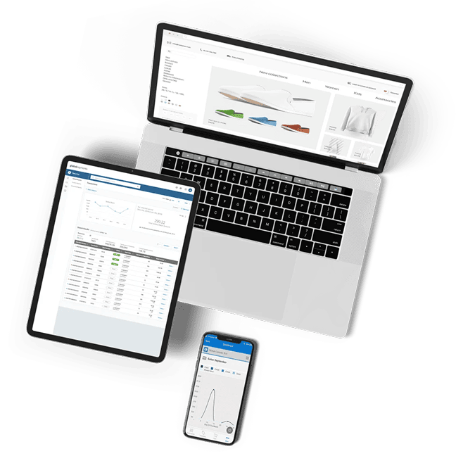 Multi-device layout showing sales and inventory management dashboards.