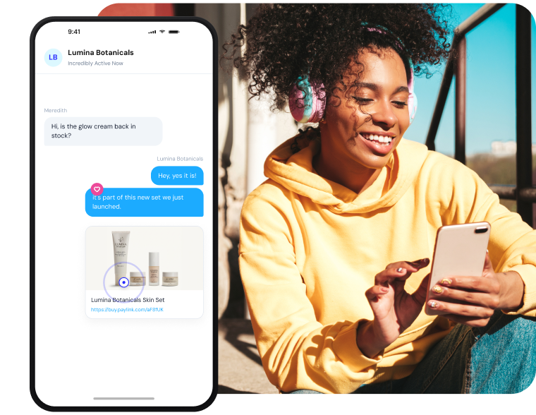 A person viewing a product with a “Click to buy” payment link in a social media post on a mobile phone.
