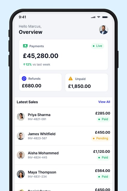 A mobile dashboard showing payments, refunds, unpaid balances and recent sales.