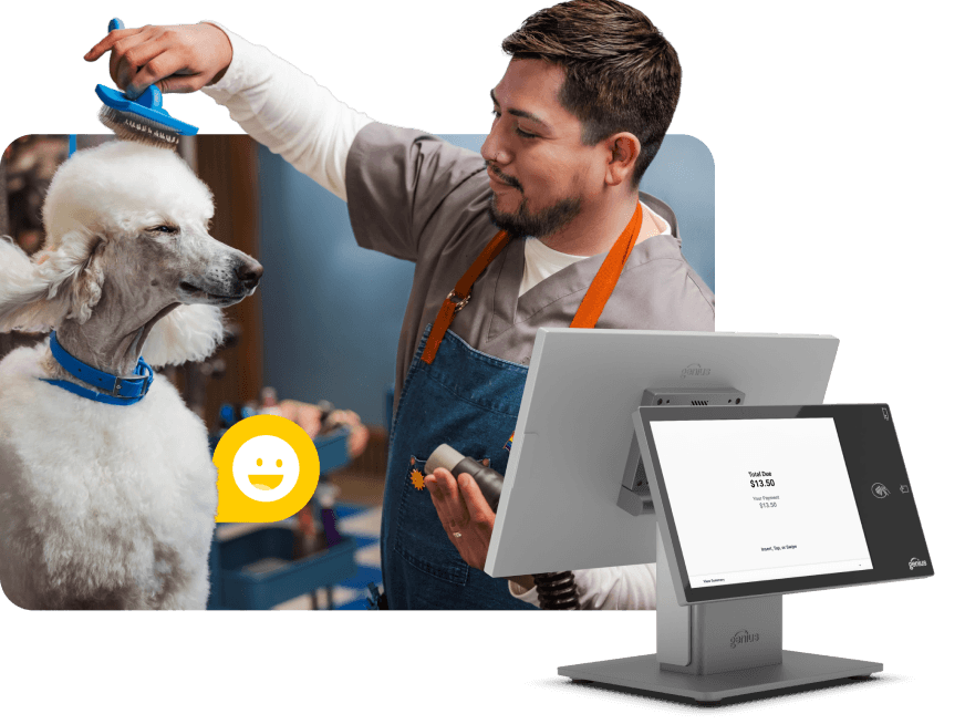 Dual screen Genius countertop point of sale device in front of a photo of a smiling clothing store customer