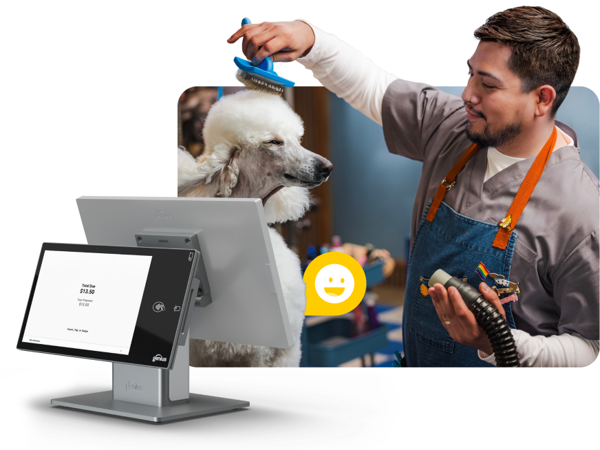 Dual screen Genius countertop point of sale device in front of a photo of a smiling clothing store customer