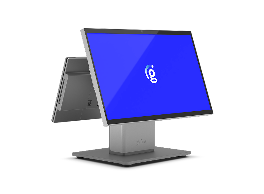 Genius countertop point of sale with a blue screen and Genius g logo
