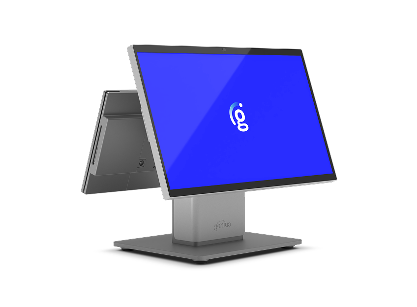 Genius countertop dual screen point of sale with Genius logo on screen