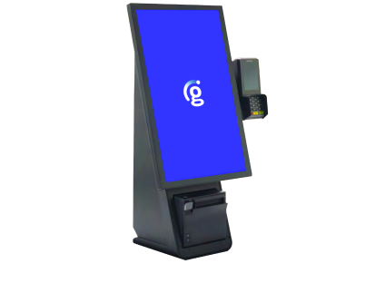 Genius self-service kiosk with a blue screen and Genius g logo