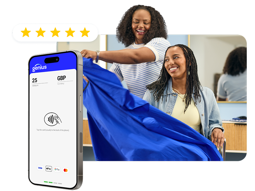 Hairdresser putting a blue salon cape on a smiling seated customer. A Genius handheld POS shows a tap to pay screen.