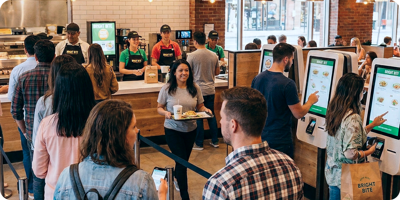 Crowded QSR restaurant with two people keying in their orders on touchscreen kiosks and others picking up or waiting for food