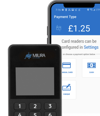 Mobile card terminal and smartphone interface showing point-of-sale payment options