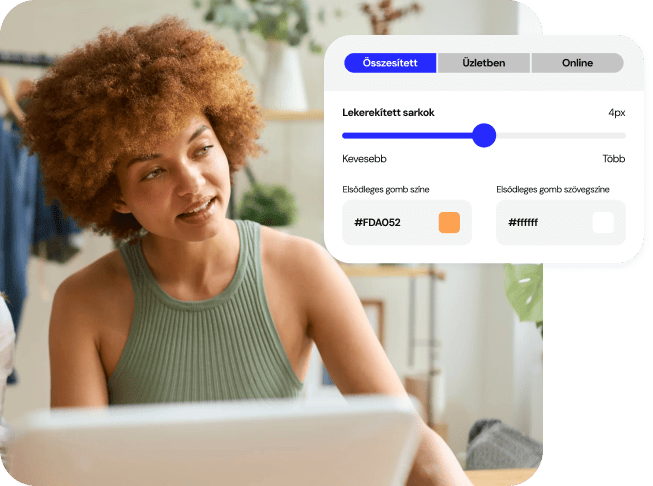 Woman looking at a laptop beside a website customization interface popup.