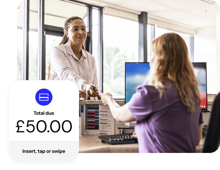 Woman handing payment card to a receptionist with a £50.00 total due overlay graphic.