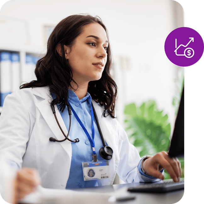 Female doctor using a computer with a purple financial growth icon overlay.