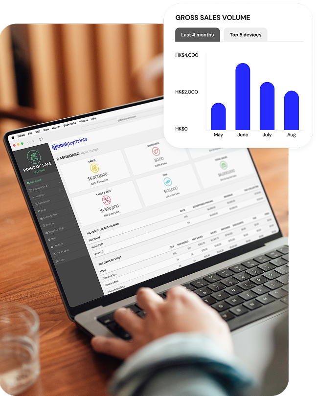 A close up of a Global Payments analytics dashboard and sales volume on a laptop computer screen.