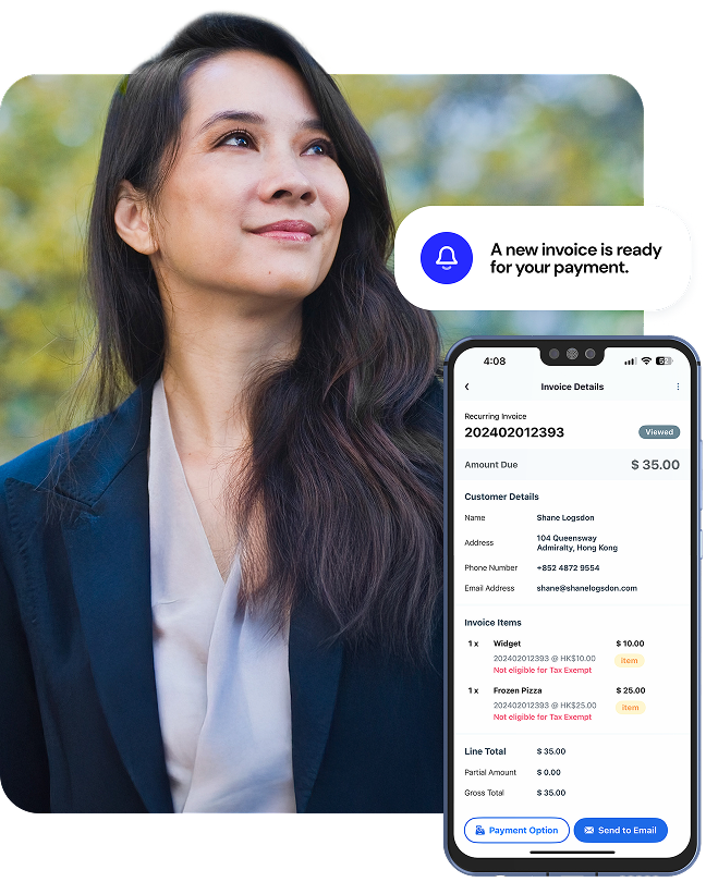 A smiling woman looks out of frame while a graphic of a mobile phone shows the user screen for an invoice and notification.