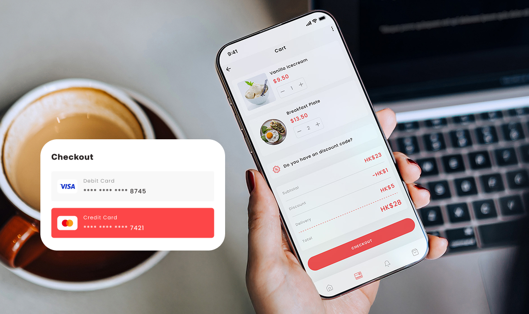 A hand holding a phone with a checkout screen while a graphic shows the customer choosing how to pay.
