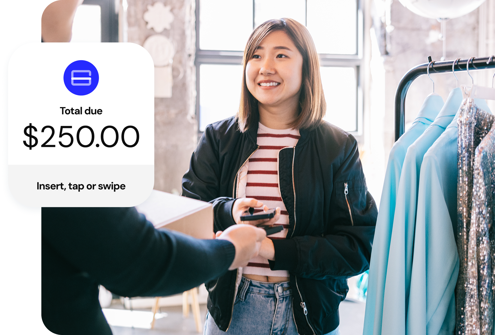 A person standing in a boutique speaks with a store employee, and a soft UI sits in the foreground reading “Total due: $250 - insert, tap or swipe.”