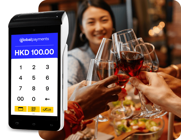 An image of several glasses being clanked together in a toast, with a soft UI callout of a handheld device depicting the Global Payments logo and a calculator.