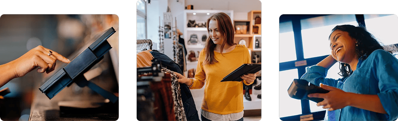A woman working in a retail store holds a tablet while running her hand along a rack of clothing.
