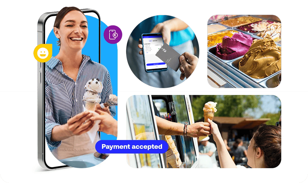 Digital payment acceptance feature surrounded by ice cream shop photos.