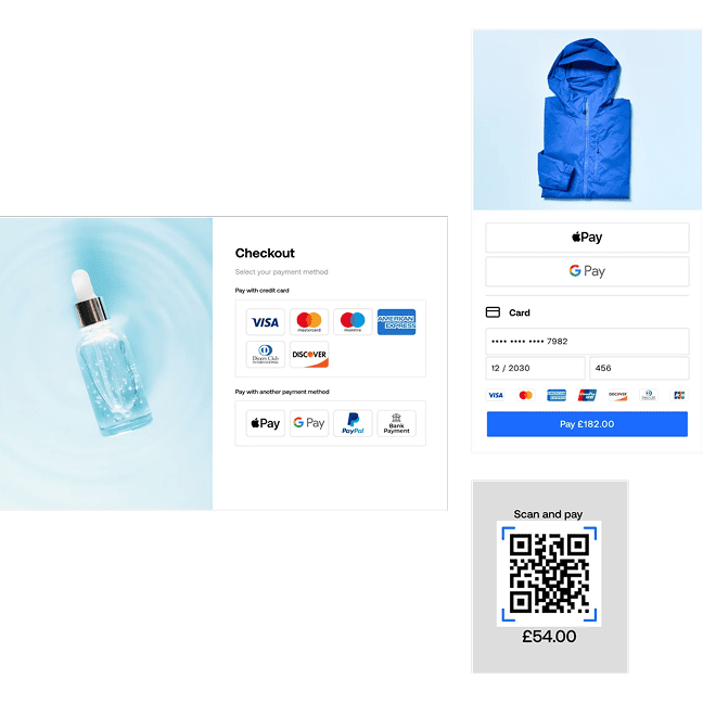 Online checkout screens with card, digital wallet, and QR payment options.