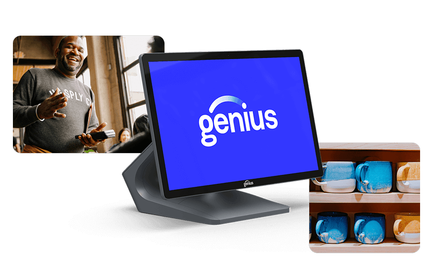 A collage consisting of: a laughing man, a cutout of a handheld payment device, a cutout of a countertop POS display, two rows of handcrafted mugs.