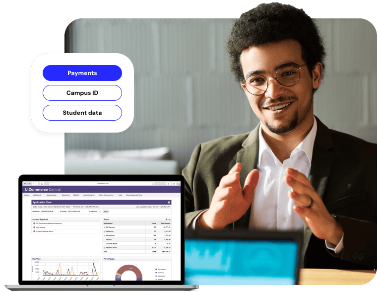 A person in front of a laptop discussing higher education payment solutions.