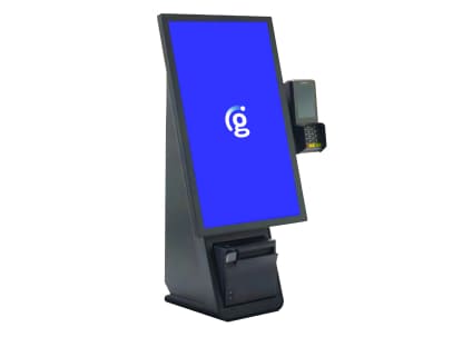 Self-service interactive touchscreen kiosk with a card payment terminal.