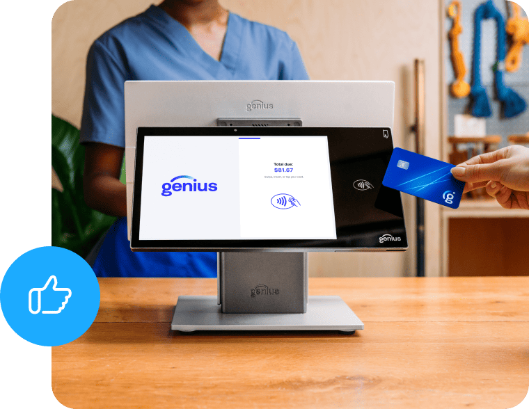 Customer using contactless payment at a countertop register with a thumbs-up graphic.